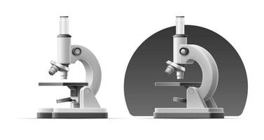 Ilustración 3D de diferentes lados del microscopio gris sobre un fondo aislado. plantilla de vector de dibujos animados. investigación de laboratorio químico. Equipo medico. concepto de tecnología educativa