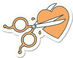 tattoo style sticker of scissors cutting a heart vector