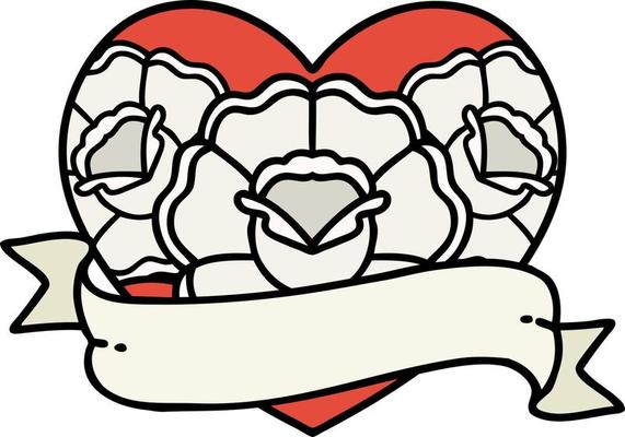 traditional tattoo of a heart and banner with flowers