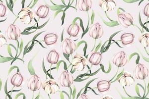 Seamless pattern of tulips and blooming flower with watercolor.Designed for fabric and wallpaper,  vintage style.Hand drawn floral pattern.Botany background. vector