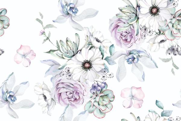 Seamless pattern of anemone and blooming flowers painted in watercolor on pastel  background.Designed for fabric luxurious and wallpaper, vintage style.Hand drawn botanical floral pattern.