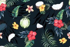 Seamless pattern of plumeria,hibiscus and coconut painted in watercolor.Designed for fabric  luxurious and wallpaper.Hand drawn botanical floral pattern illustration.Blooming flowers for summer. vector