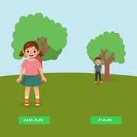 adjetivo opuesto antónimo palabras cerca y lejos ilustración de niños parados cerca de la tarjeta de explicación del árbol con etiqueta de texto