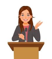 Young woman speaker giving speech standing at podium in a conference meeting hall vector