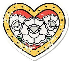 distressed sticker tattoo in traditional style of a heart and flowers vector