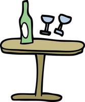 hand drawn doodle style cartoon table with bottle and glasses vector