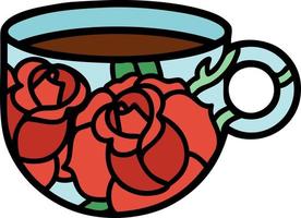 traditional tattoo of a cup and flowers vector