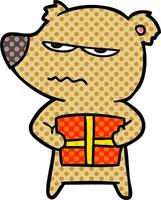 angry bear cartoon holding present vector