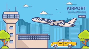 Urban city skyline landscape. Building facade terminal airport. Yellow taxi car cab. Towers skyscrapers.Flying jet passenger plane of airlines. Trees and bushes.Flat line art vector.