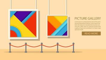 Art museum of modern painting.Interior of an abstract exhibition.Picture art gallery.The picture hangs on a wall in a frame.A concept of design of a banner for the websites or mobile applications. vector