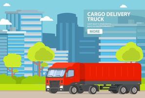 Truck freight transportation company on cargo delivery. Courier service of delivery.Transportation of loads car.In flat vector.Semi-trailer truck.City urban landscape building tower skyscrapers.