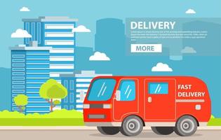 Car delivery service.Vehicle van truck cargo transportation. City Urban landscape building tower skyscrapers.Concept fast shipping. vector