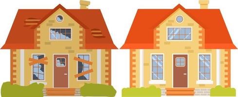 House before and after repair. Old run-down home. Renovation building.Suburban cottage.Isolated vector flat cartoon.