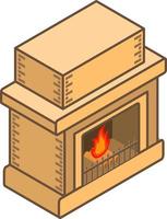 Interior design element. A stone isometric fireplace for  heating system of the house. The burning fire and firewood.3d line art flat vector. Warm household. vector