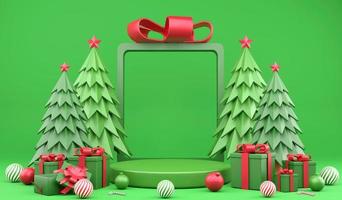 3D rendering Christmas ornaments and green podium for product display on green background, 3d illustration Christmas concept photo