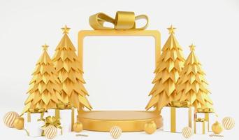 3D rendering Christmas ornaments and gold podium for product display on white background, 3d illustration Christmas concept photo