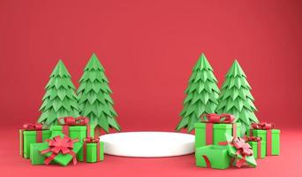 Representación 3d feliz navidad y podio blanco sobre fondo rojo, concepto de festival de navidad de ilustración 3d foto