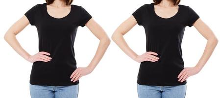 cropped image two asian woman set in t-shirt isolated on white,white girl in white tshirt,blank,copy space photo