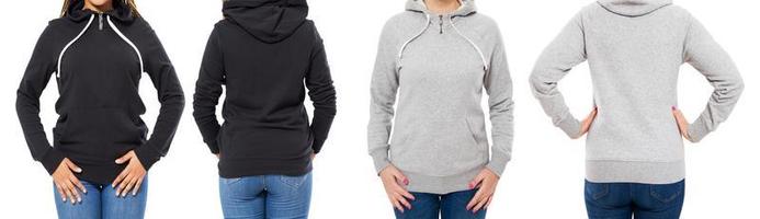 front and back view - female girl woman in grey black hoodie isolated on white background photo