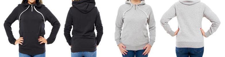 female hood set isolated over white background, grey hood isolated black hoodie mock up photo