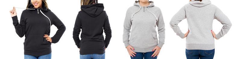 girl in stylish black hoodie isolated on white background girl in grey hood front and back view isolated photo