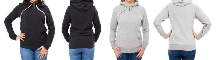 female hood collage front and back view isolated - caucasian and black woman in hoodie mock up photo