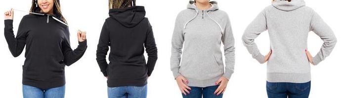 grey and black hoodie set front and back view isolated on white background - hood mock up photo