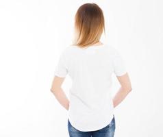 back view of young woman, girl in stylish tshirt on white background. Mock up for design. Copy space. Template. Blank photo