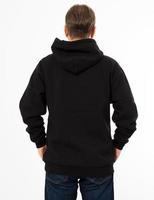 man in a black hoodie isolated on white background mock up - back view photo