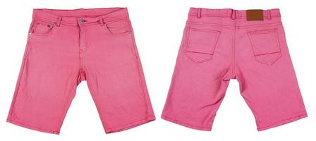 pink shorts set on white background. Denim pink shorts front and back isolated photo