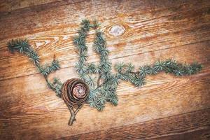 Pine cone on piece of branch on wooden platform photo