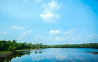 Scenery lake and mountain with blue sky for holiday photo