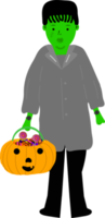 Halloween-Feiertags-Zeichentrickfigur. süße kinder in kostümen von hexe, mama, pirat, skelett und schwarzer katze. Geister und Geisterkürbisse. png