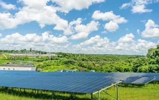 Photovoltaic power station or solar park. PV system. Solar farm and green field. Solar power for green energy. Photovoltaic power plant generate solar energy. Renewable energy. Sustainable resources. photo