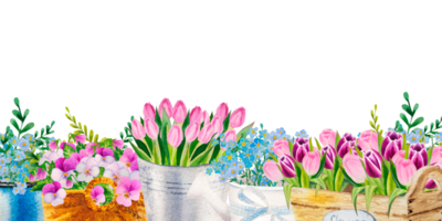 watercolor banner of spring flower bouqets in cup, jug and wooden box, birdhouse png