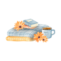 Watercolor autumn cozy blanket with books and cup of coffee. png