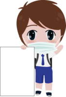 happy kids in student uniform clothes wear medical face mask holding banner for back to school concept flat style png