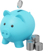 Blue piggy bank, dropping coins, stacks of money. PNG icon on transparent background. 3D rendering.