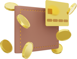 Wallet with flying coins and credit card. PNG icon on transparent background.