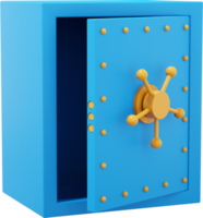 Caja fuerte retro con asas en las ruedas. almacenamiento abierto azul. icono png sobre fondo transparente. representación 3d