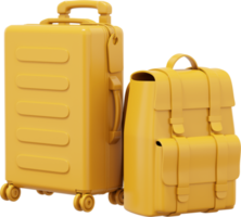 Travel suitcase on wheels and travel backpack yellow color. PNG icon on transparent background. 3D rendering.