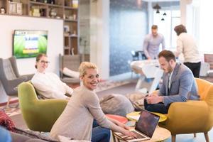 Startup Business Team At A Meeting at modern office building photo