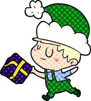 cartoon happy christmas elf with present vector