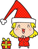 cartoon girl wearing christmas hat vector