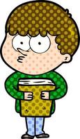 cartoon curious boy holding a book vector