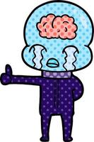 cartoon big brain alien crying but giving thumbs up symbol vector