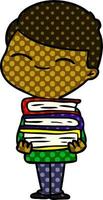 cartoon smiling boy with stack of books vector