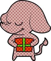 cartoon smiling elephant with present vector