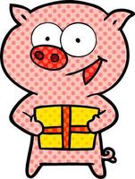 cheerful pig with christmas gift vector