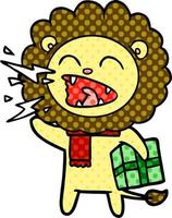 cartoon roaring lion with present vector